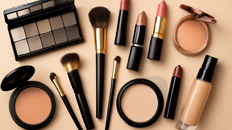 میز آرایش با لوازم آرایشی اورجینال و فیک در کنار هم – راهنمای خرید لوازم آرایشی 2025